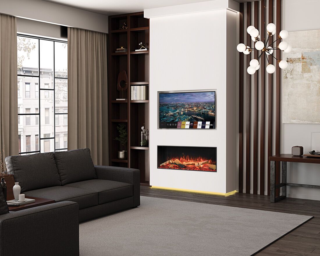 A stylish living room with a Regency Gazco Onyx 110RW electric fireplace and a mounted television for entertainment