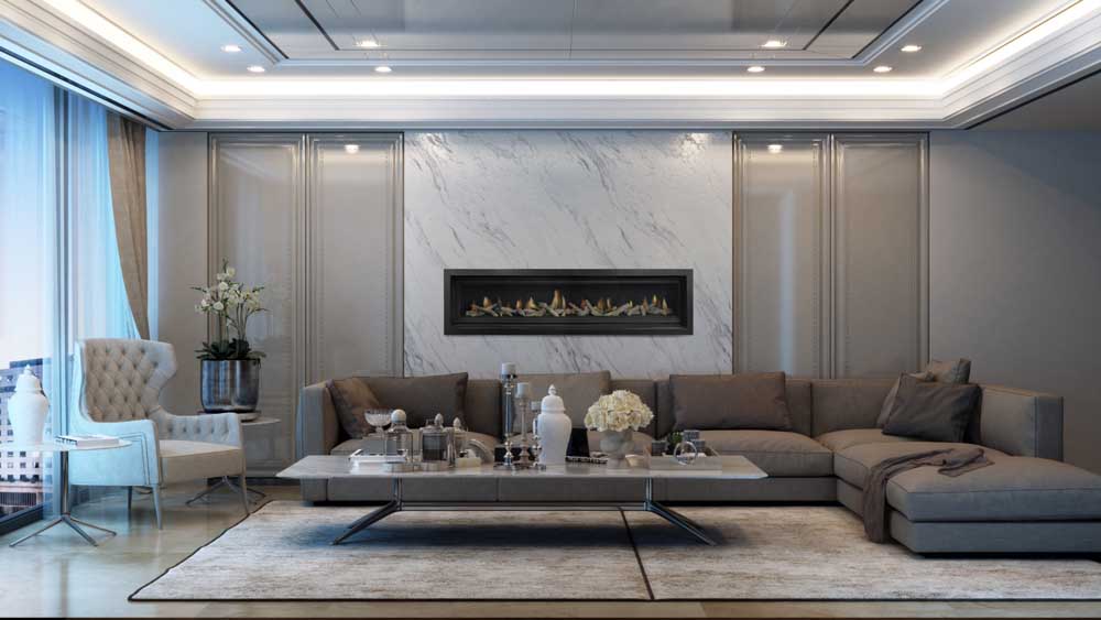 A stylish living room with a Real Flame Element 1800 gas fire and inviting couches for relaxation, an energy-efficient gas fireplaces Melbourne