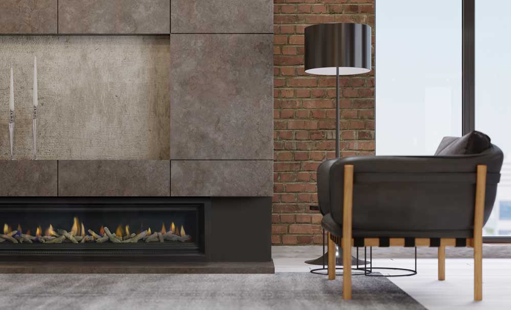 A modern Real Flame Element 1800 gas fire in a living room in close up view