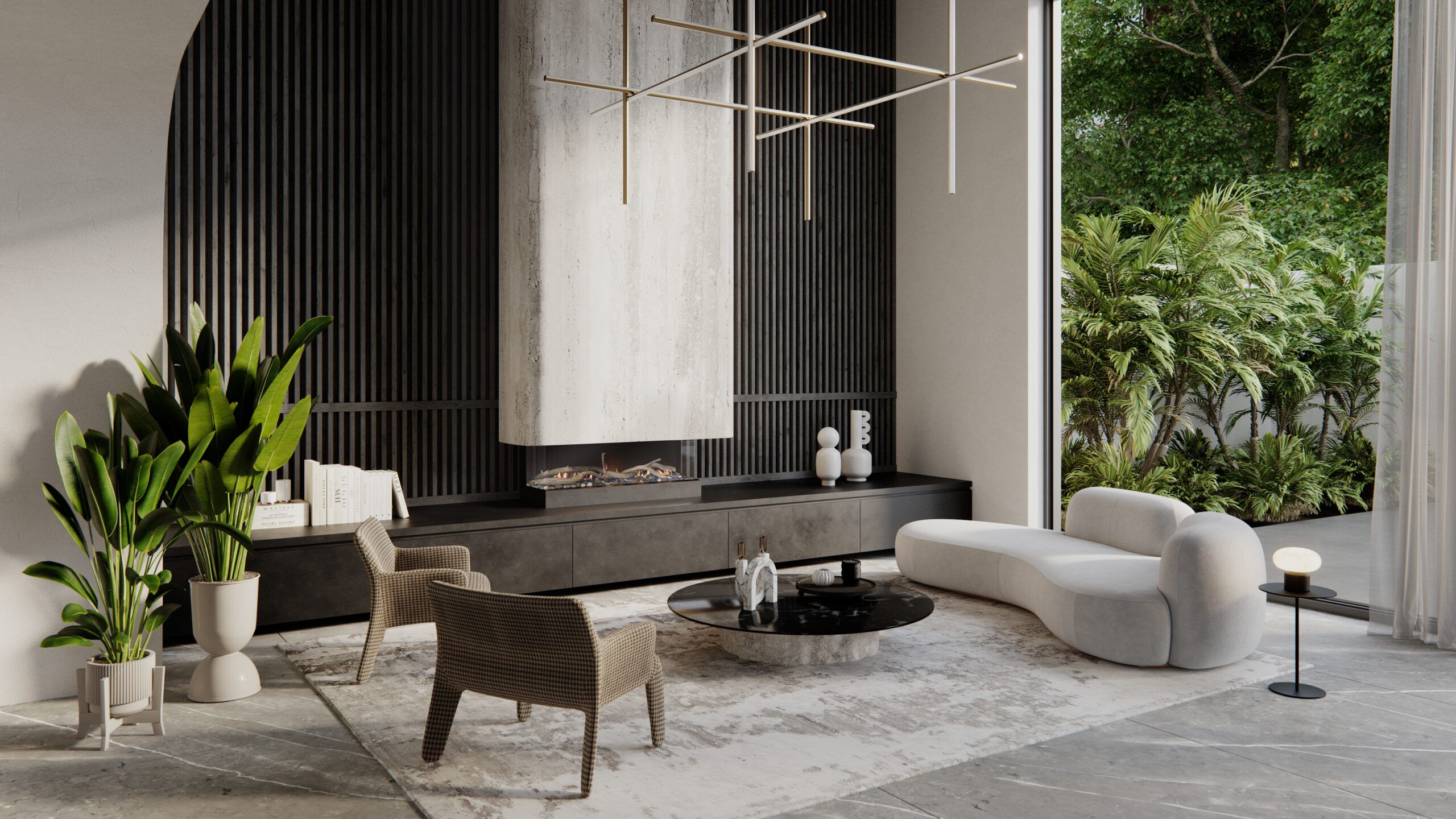 A cosy living room with a Real Flame Nuvo 1200 Gas Fireplace and large windows letting in abundant natural light