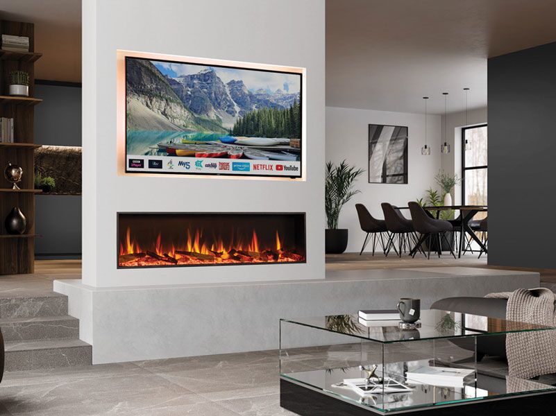 Stylish living room with a Regency eStudio ES165 Electric Fireplace installed below a wall-mounted TV