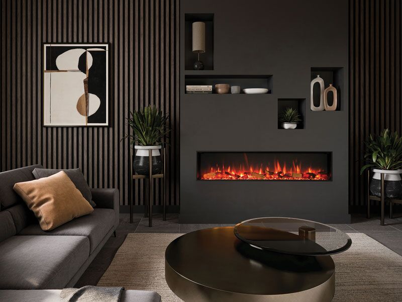 Modern living room with a Regency eStudio ES165 Electric Fireplace set against sleek black walls and contemporary décor elements