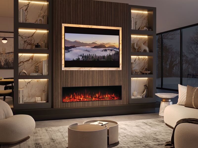 A modern living room with a Regency eStudio ES165 Electric Fireplace below a wall-mounted TV, creating a warm and inviting ambiance