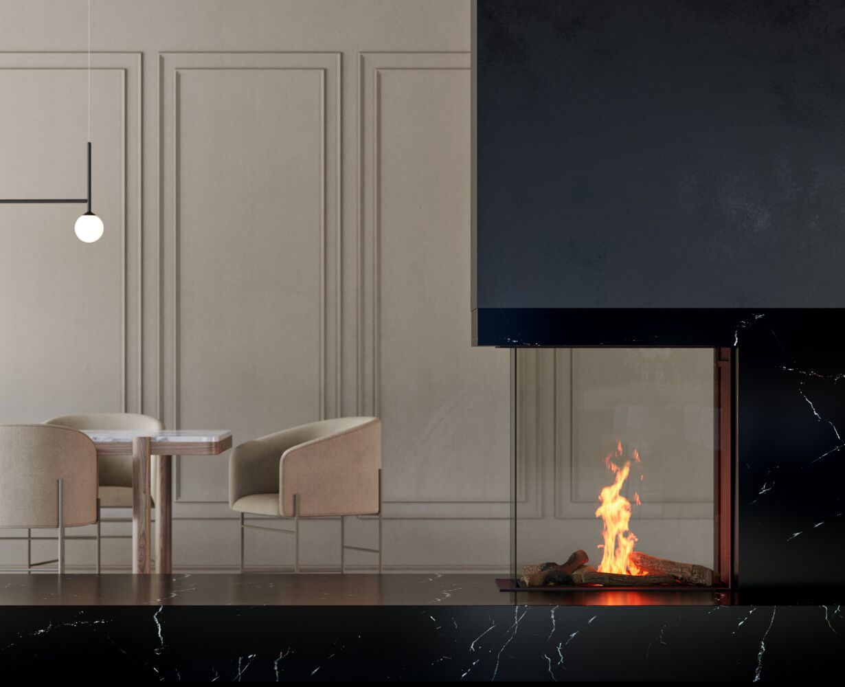 Element 4 Sky Medium Roomdivider Bio Ethanol Fireplace in a cosy living room, creating a relaxing and inviting atmosphere