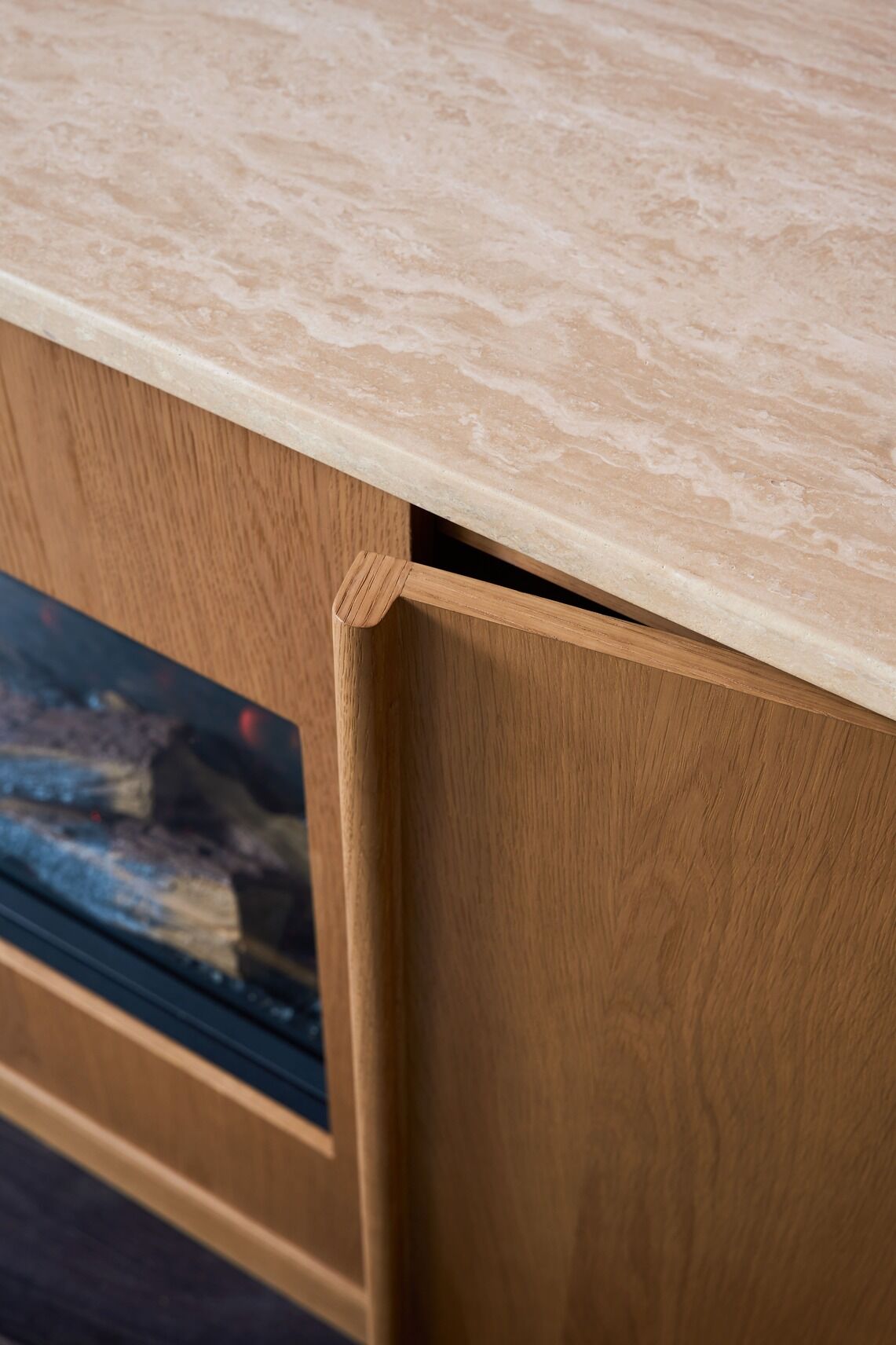 Ember Arc Grange 180 electric fireplace wooden cabinet topped with elegant marble