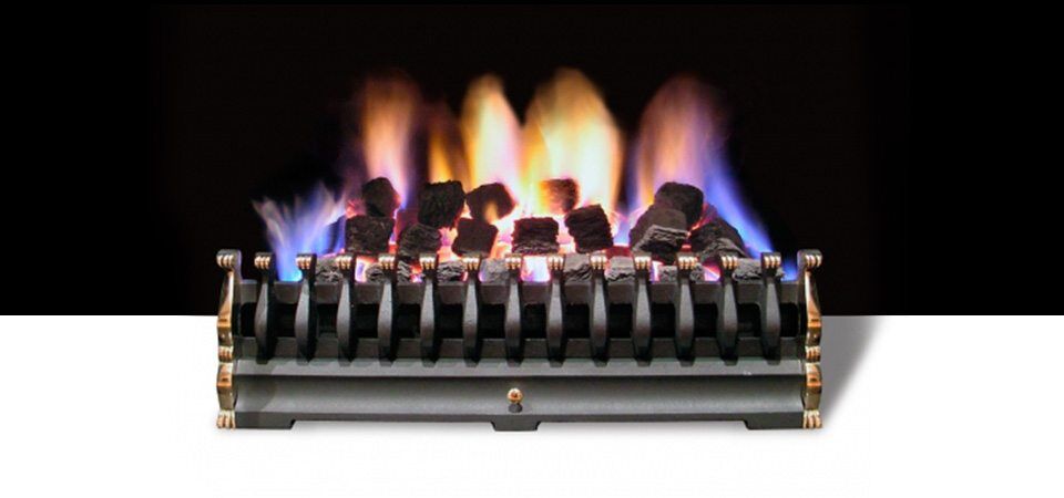 A Standard Coal Burner gas fire with vibrant flames and smoke rising, one of the best gas fireplaces for autumn warmth