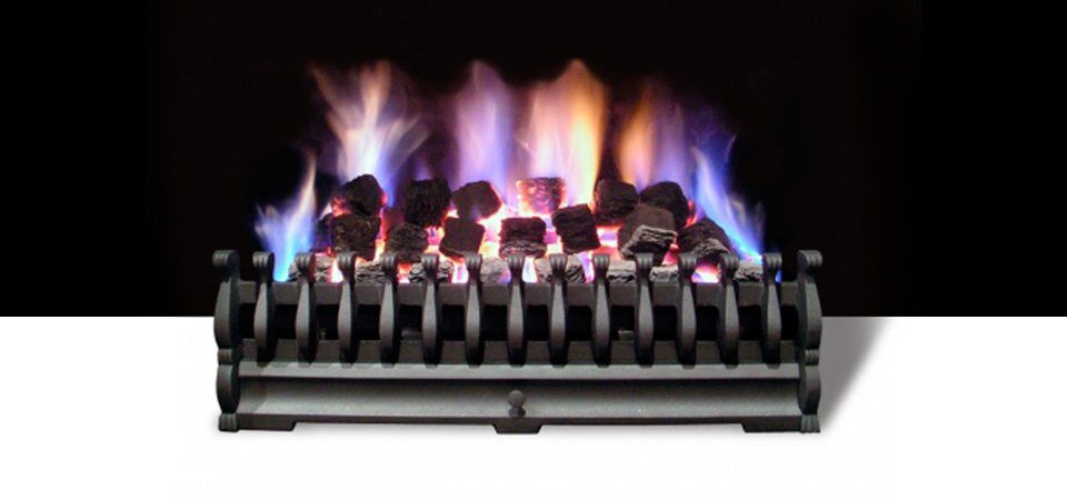 A Standard Coal Burner gas fire with black casing and vivid blue-yellow flames, one of the best gas fireplaces for autumn warmth