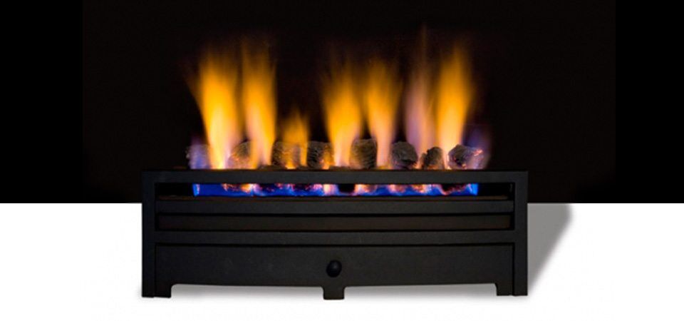 Black Superheat Coal Burner fireplace with realistic flames, one of the best gas fireplaces for autumn warmth in homes