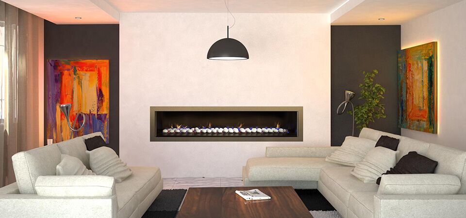 A stylish living room with a Horizon Low Line Inbuilt Fire and plush couch, one of the best gas log heaters for autumn warmth