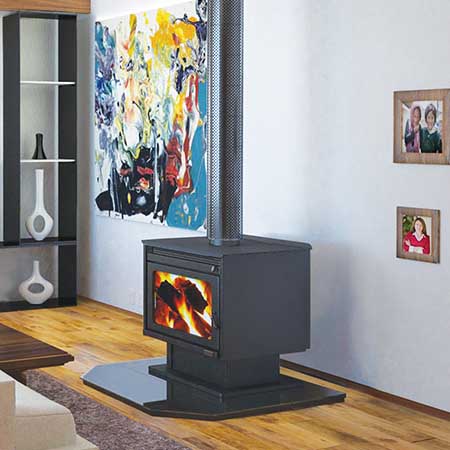 A modern living room with a Kemlan XL wood heater and warm decor, ideal for comfort and style—best wood heaters for autumn