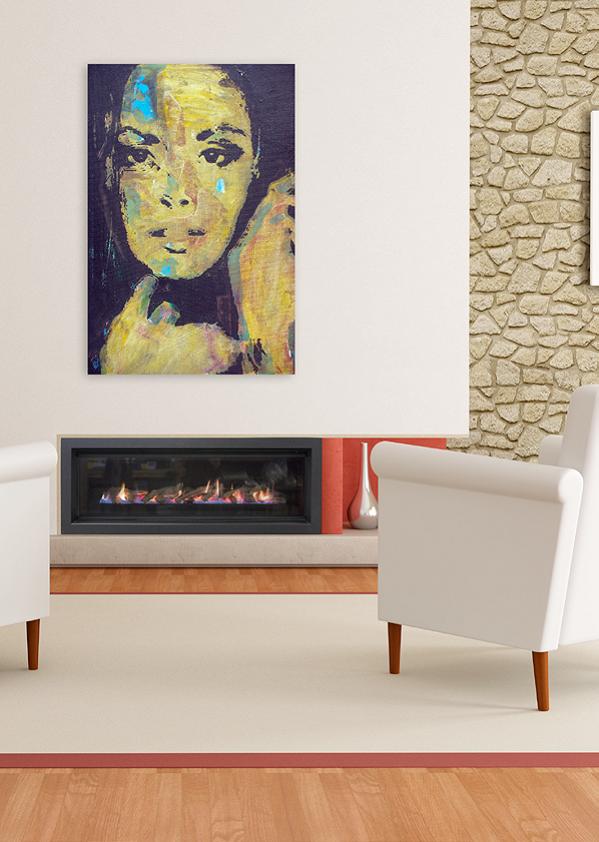 A Real Flame Element 1200 mounted on a white wall with a painting above, one of the best gas fireplaces for autumn warmth