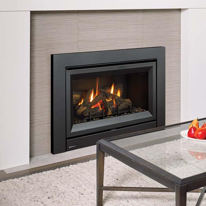 A Regency DVi34L gas fireplace inbuilt with a glass top, showcasing a warm, inviting flame