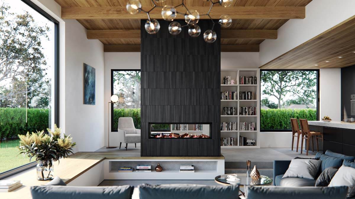 Real Flame Element 1200 DS Gas Fireplace installed in a modern living room beside a bookshelf wall, creating a warm and stylish atmosphere
