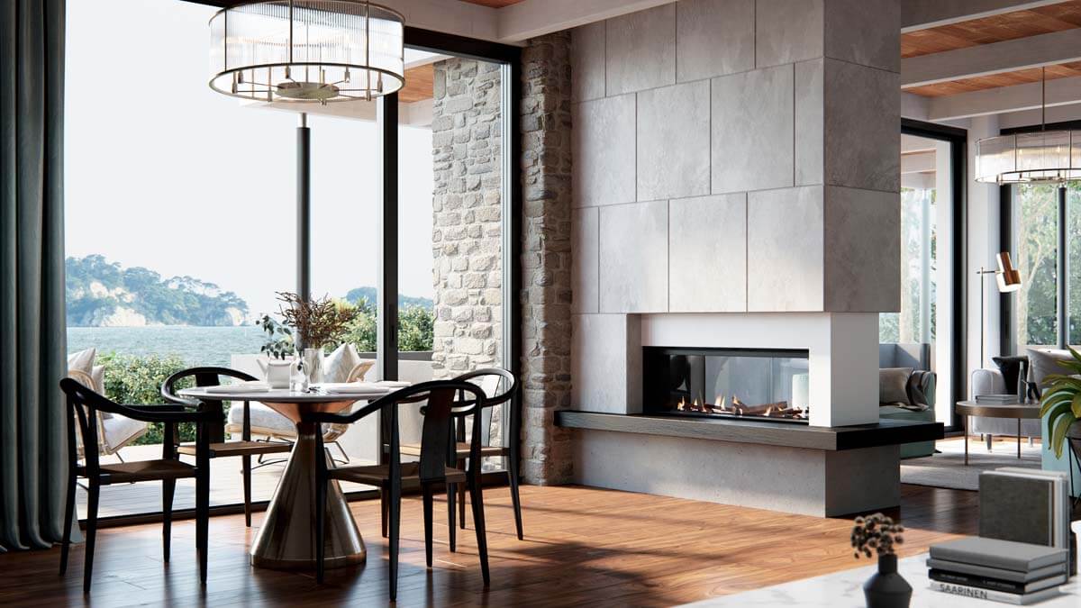A cosy living room with a Real Flame Element 1200 DS gas fireplace and a dining table for gatherings