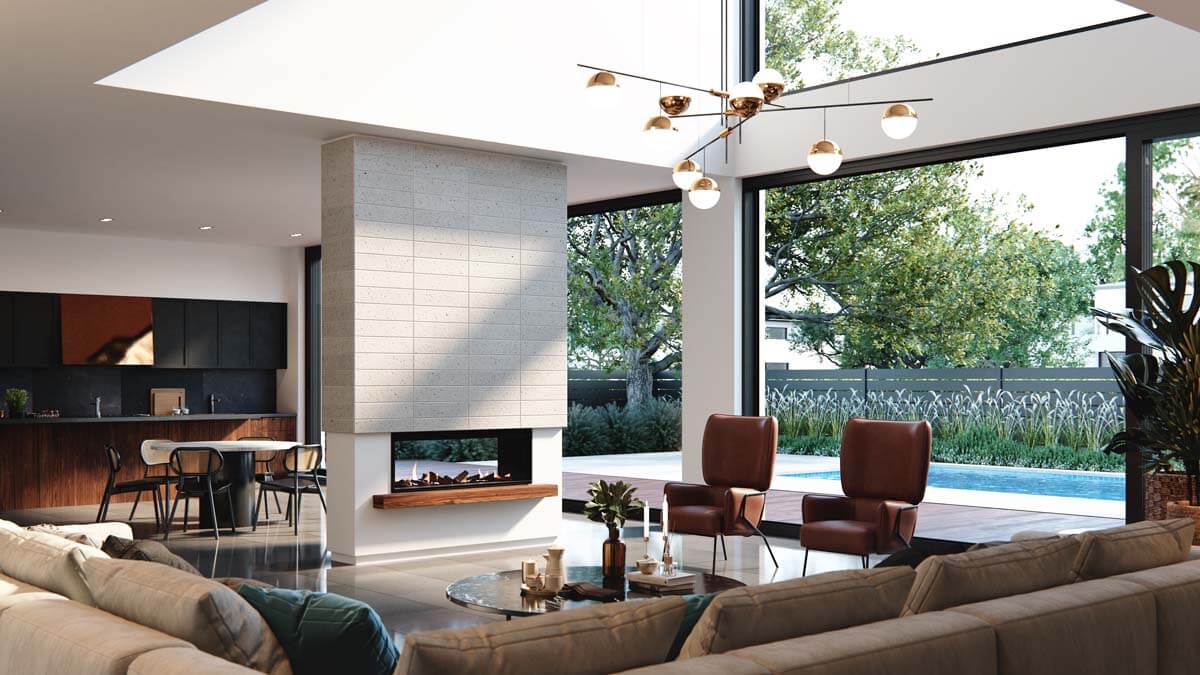A spacious living room featuring a large glass wall and a Real Flame Element 1200 DS gas fireplace