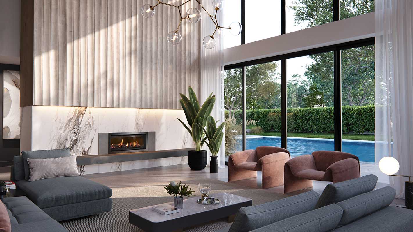 Stylish living room showcasing a Real Flame Element 900 gas fireplace and large windows that enhance the space's brightness
