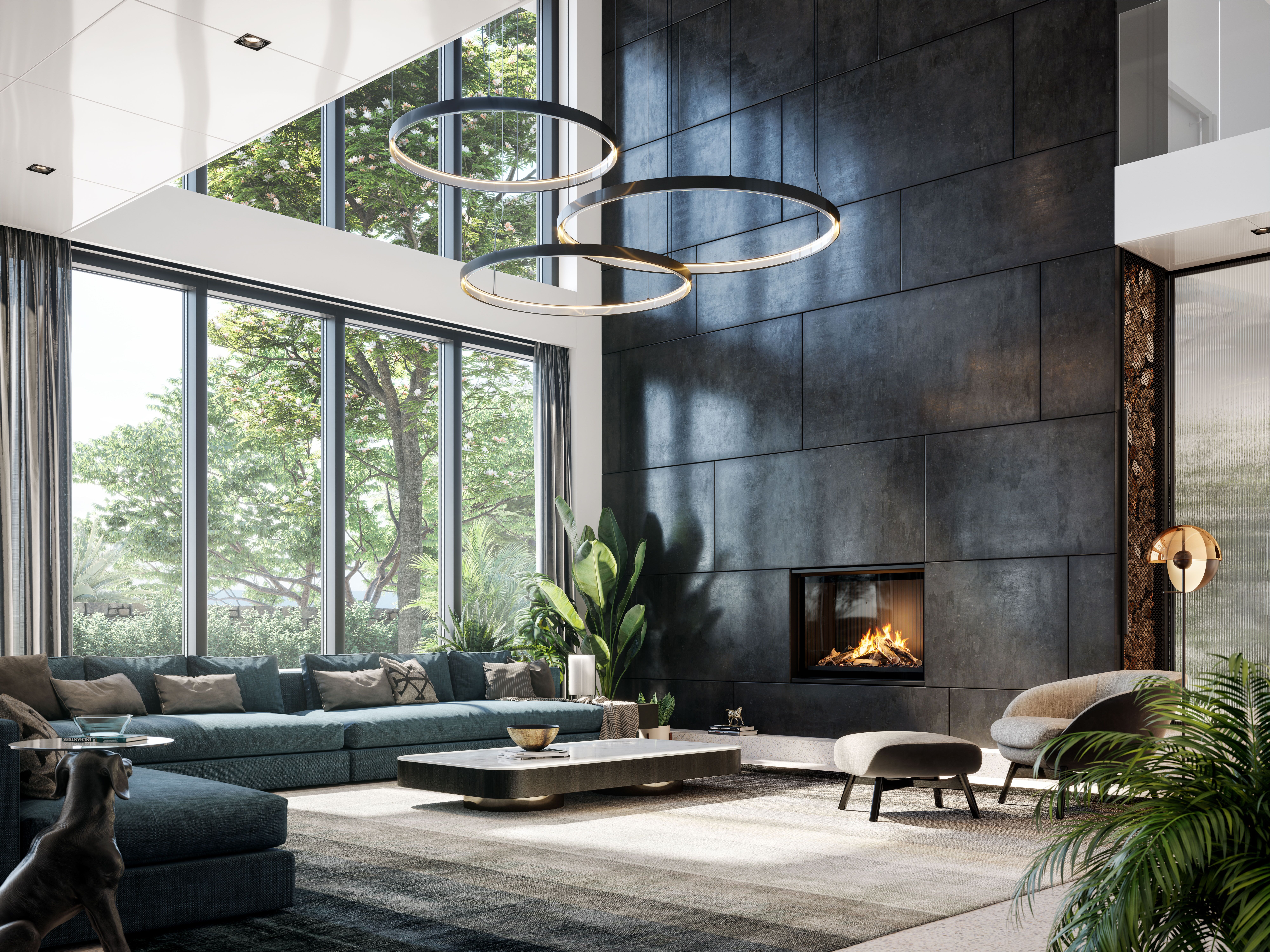 Bright living room with a Real Flame Vektor 900 gas fireplace and large windows filling the space with natural light