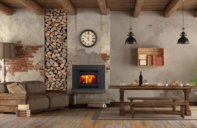 Rustic living room with a Quadra-Fire Expedition II Wood Fire surrounded by warm wooden furniture and cosy interior elements