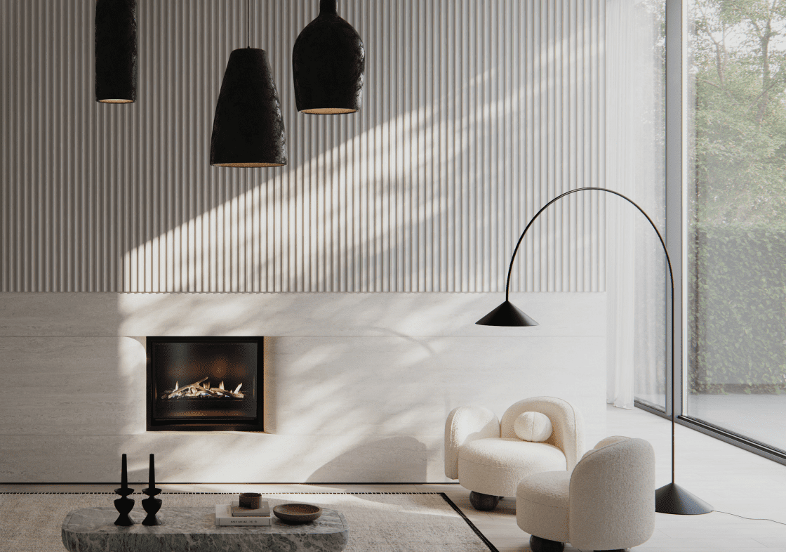 An elegant living room with plush chairs and chandeliers, warmed by a Real Flame Element 900 Portrait gas fireplace on the main wall