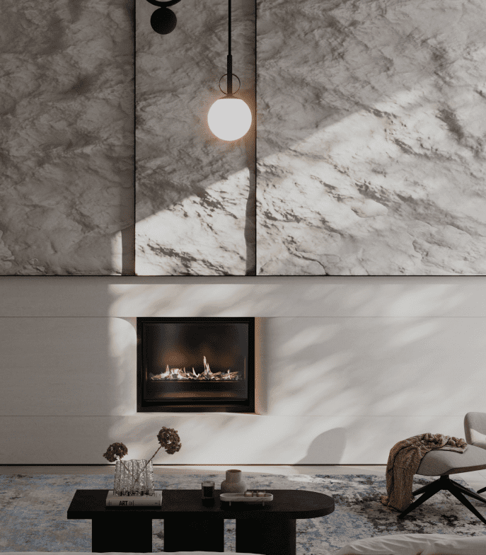 Real Flame Element 900 Portrait gas fireplace installed in a marble wall in Melbourne beside a cosy coffee table in a modern living space