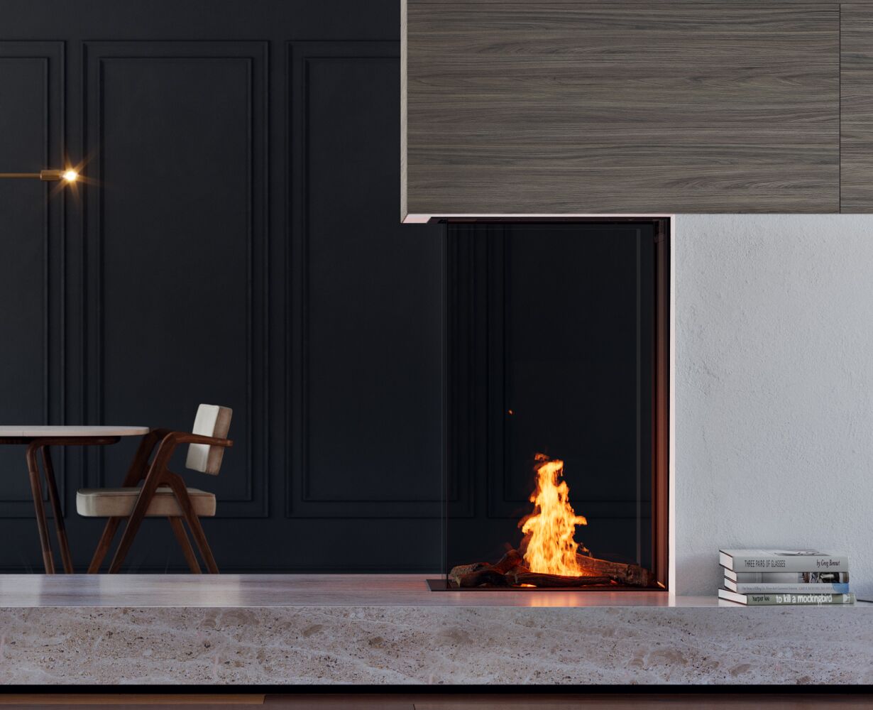 A modern home features an Element 4 Sky Large Roomdivider bioethanol fireplace with a table and chairs nearby