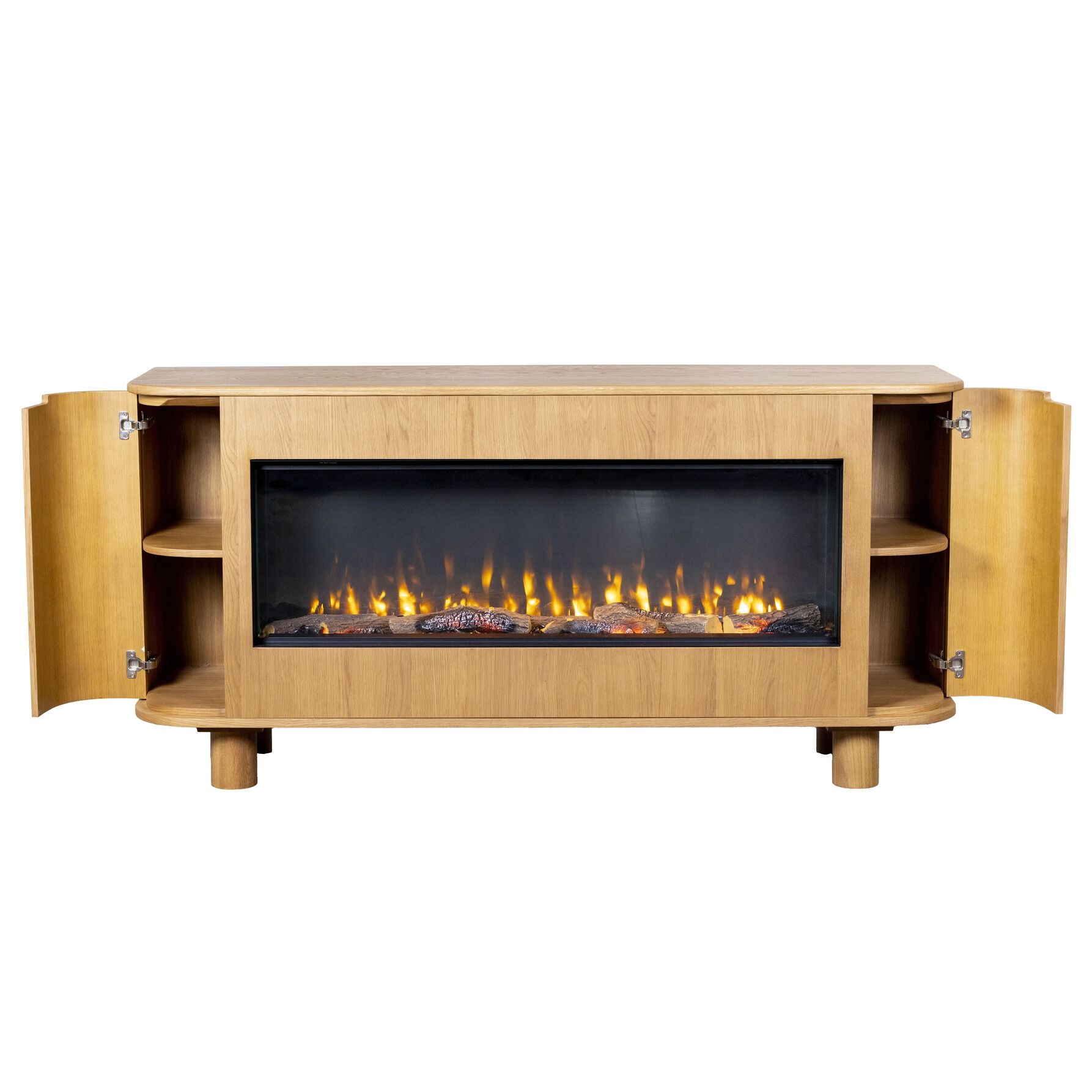 Front view of AmberArc Ashton 180 electric fireplace in a wooden cabinet with a warm fire glowing