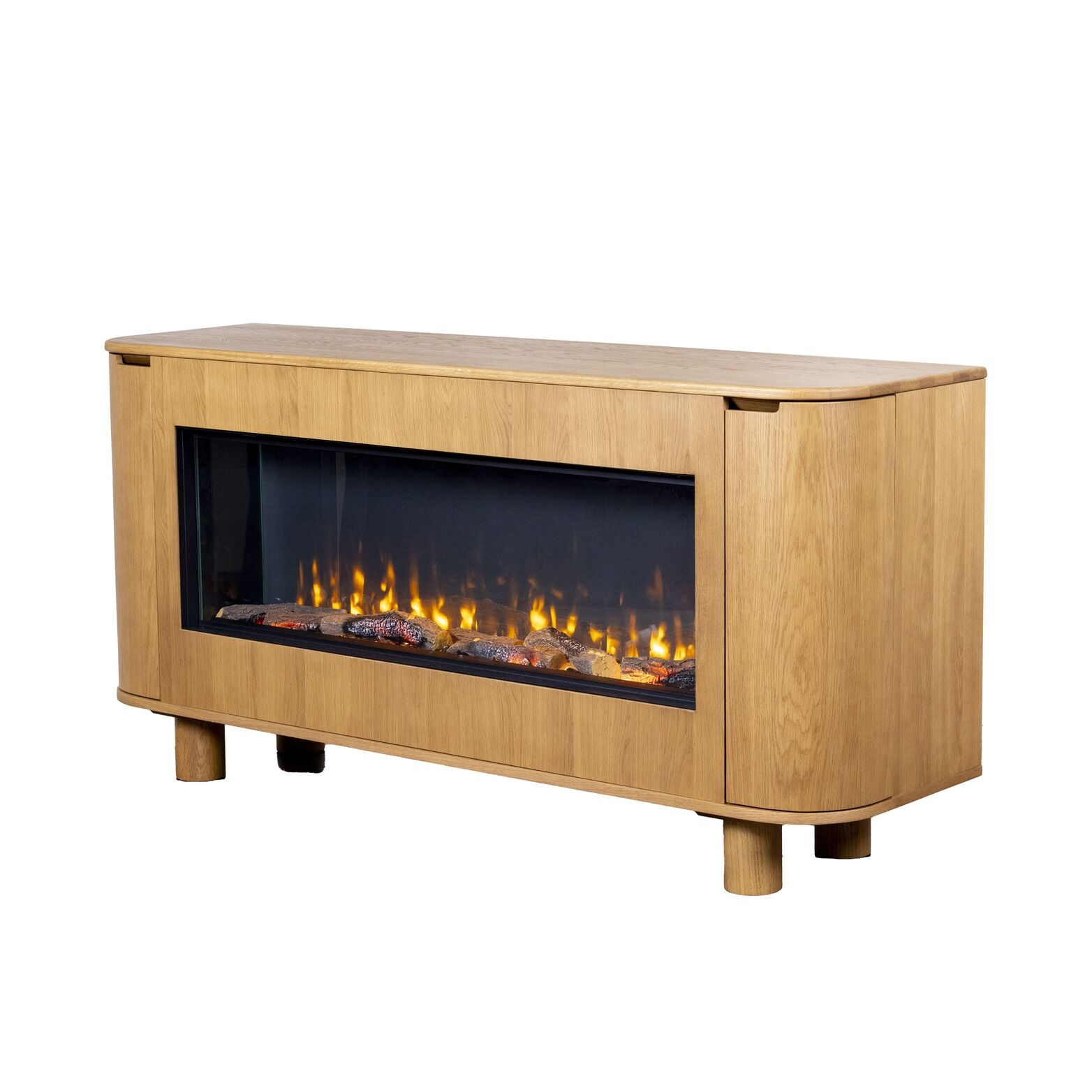 Front view of AmberArc Ashton 180 electric fireplace in a wooden cabinet with a warm fire glowing
