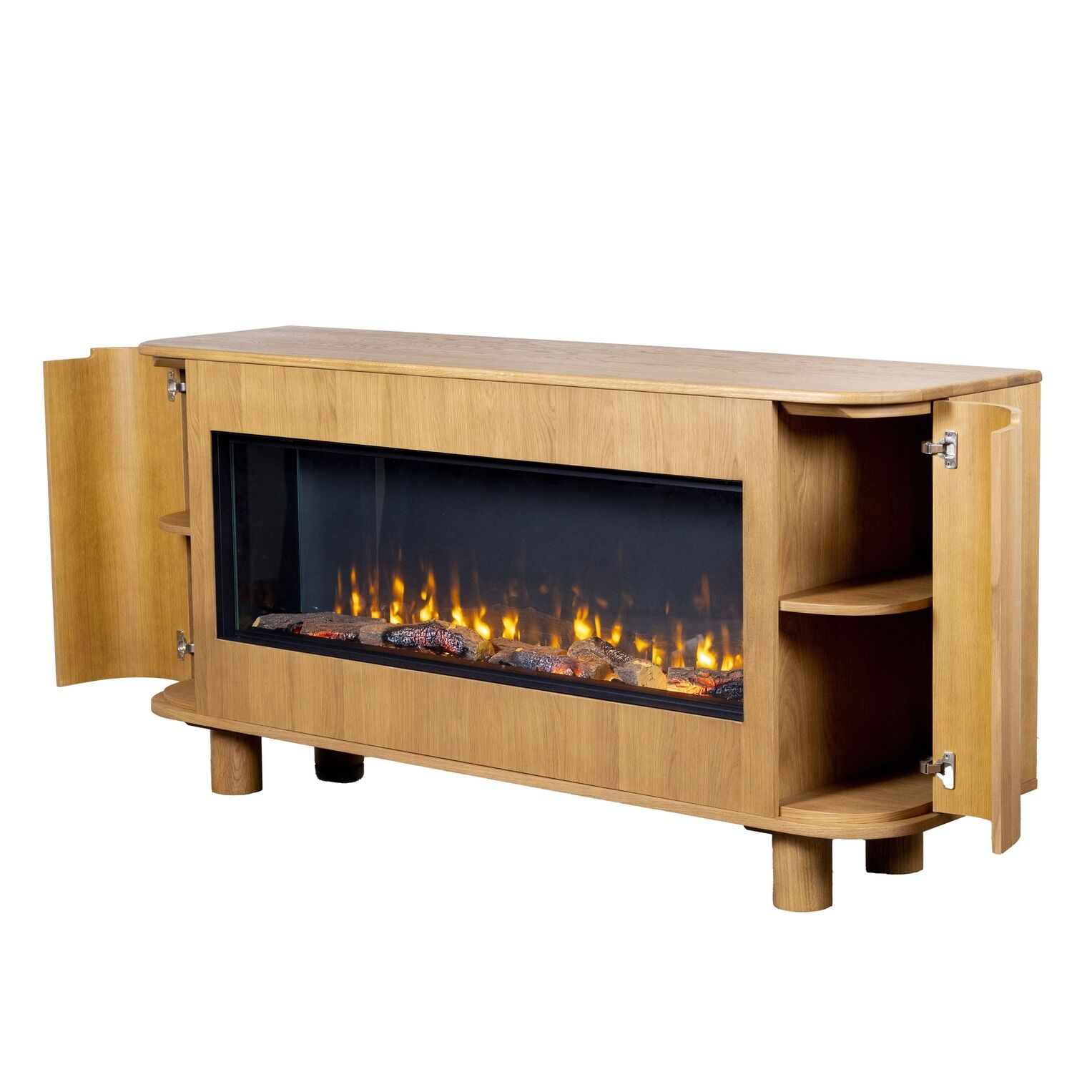 Front view of AmberArc Ashton 180 electric fireplace in a wooden cabinet with a warm fire glowing