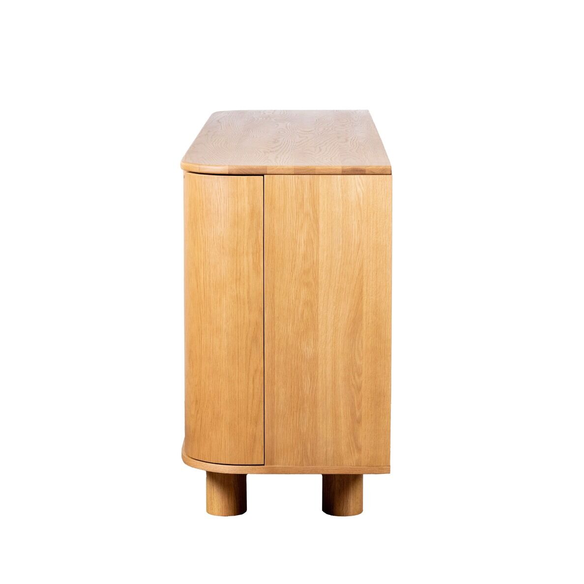 Side view of AmberArc Ashton 180 electric fireplace in a wooden cabinet with a warm fire glowing