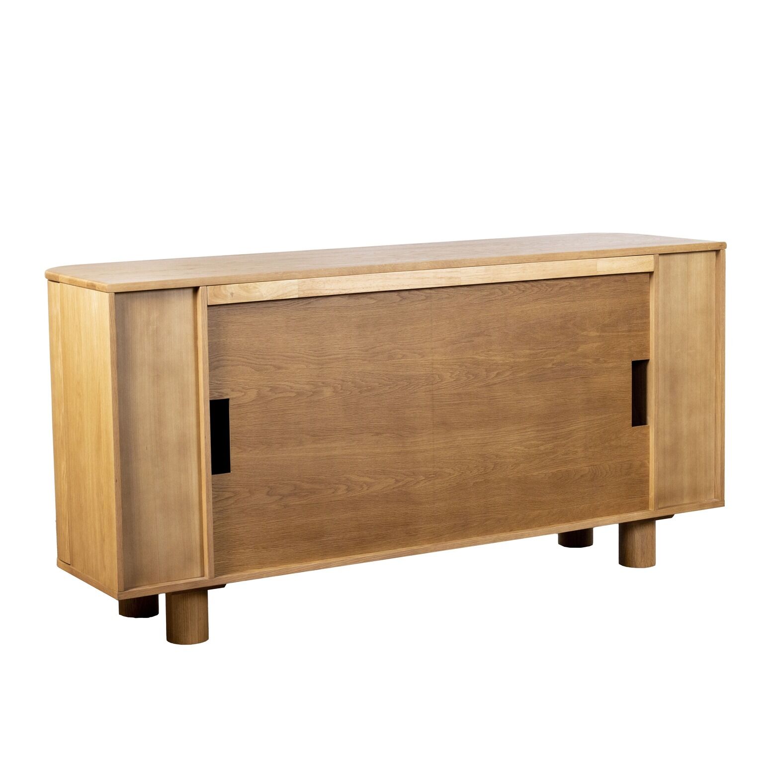 Back view of AmberArc Ashton 180 electric fireplace in a wooden cabinet with a warm fire glowing