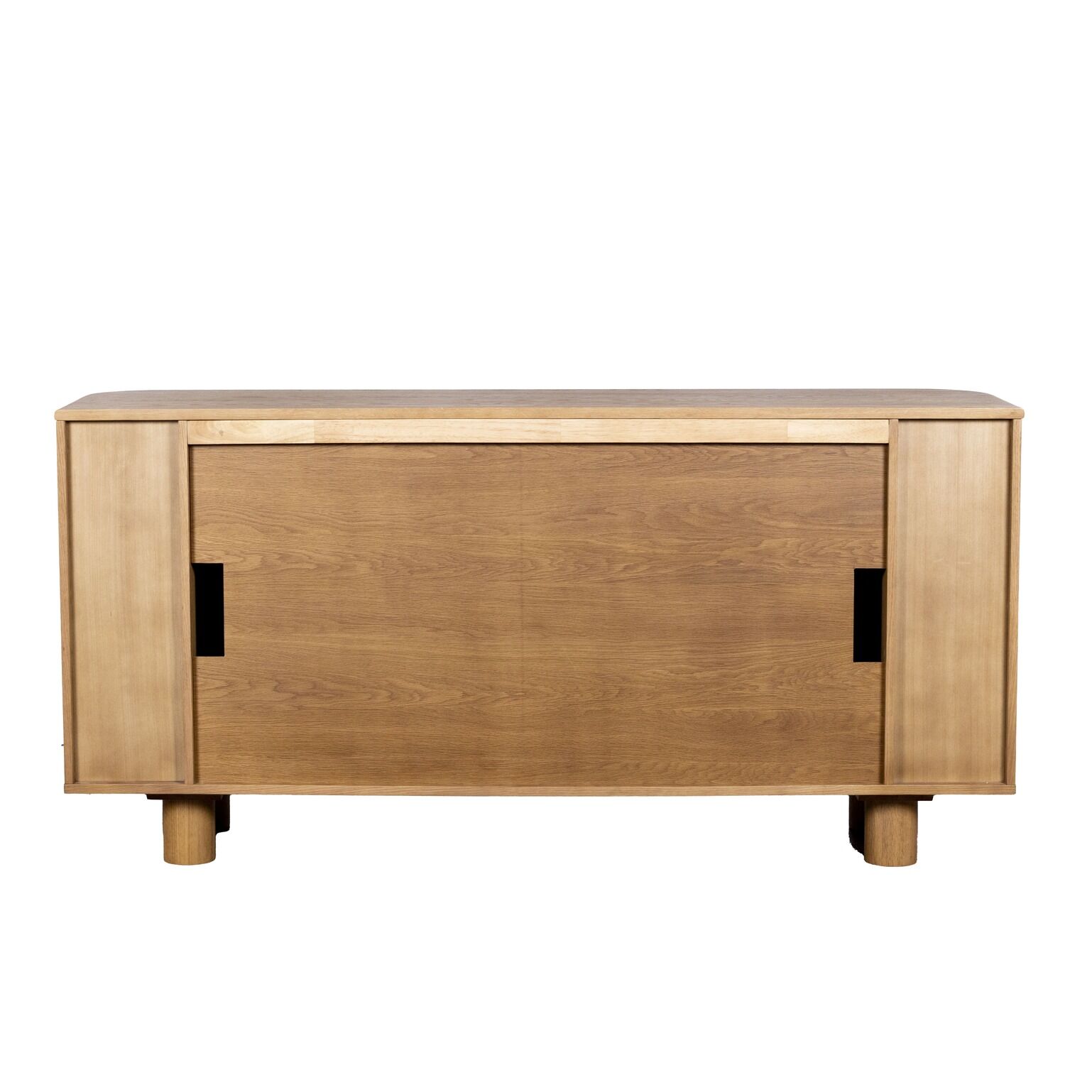 Back view of AmberArc Ashton 180 electric fireplace in a wooden cabinet with a warm fire glowing