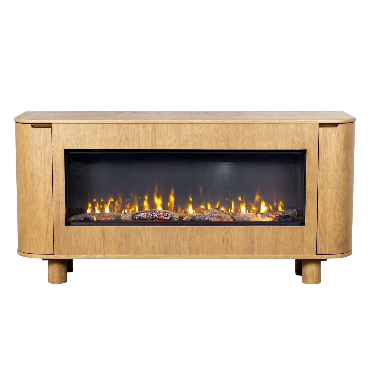 Front view of AmberArc Ashton 180 electric fireplace in a wooden cabinet with a warm fire glowing