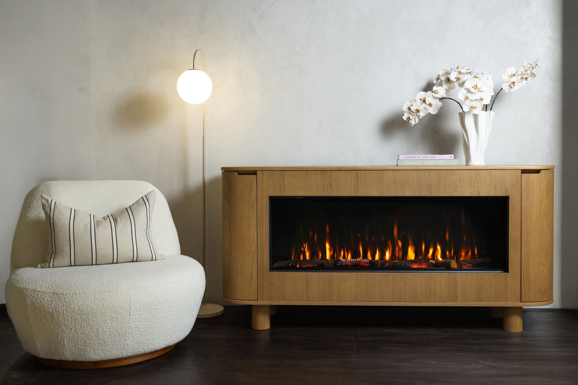 A modern EmberArc Ashton 180 electric fireplace featuring a sleek wood-burning stove design