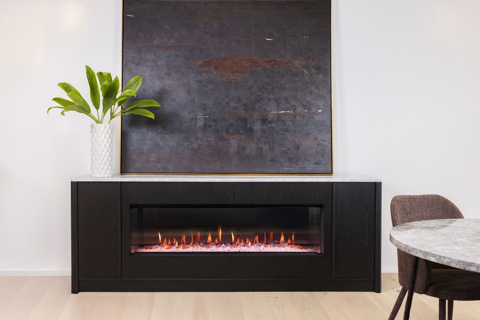 Ember Arc Grange 240 electric fireplace in sleek black with vibrant flames for a contemporary look