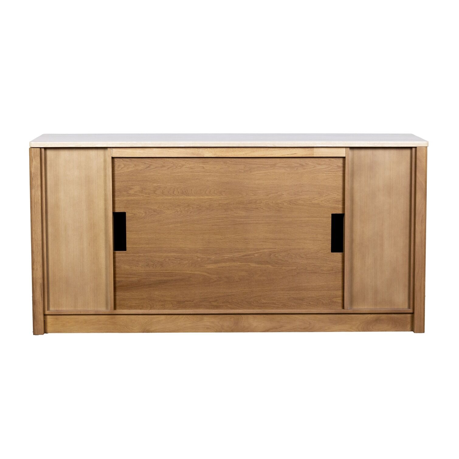 Ember Arc Grange 180 electric fireplace with a wooden cabinet, two doors, and a polished marble top for stylish, functional heating