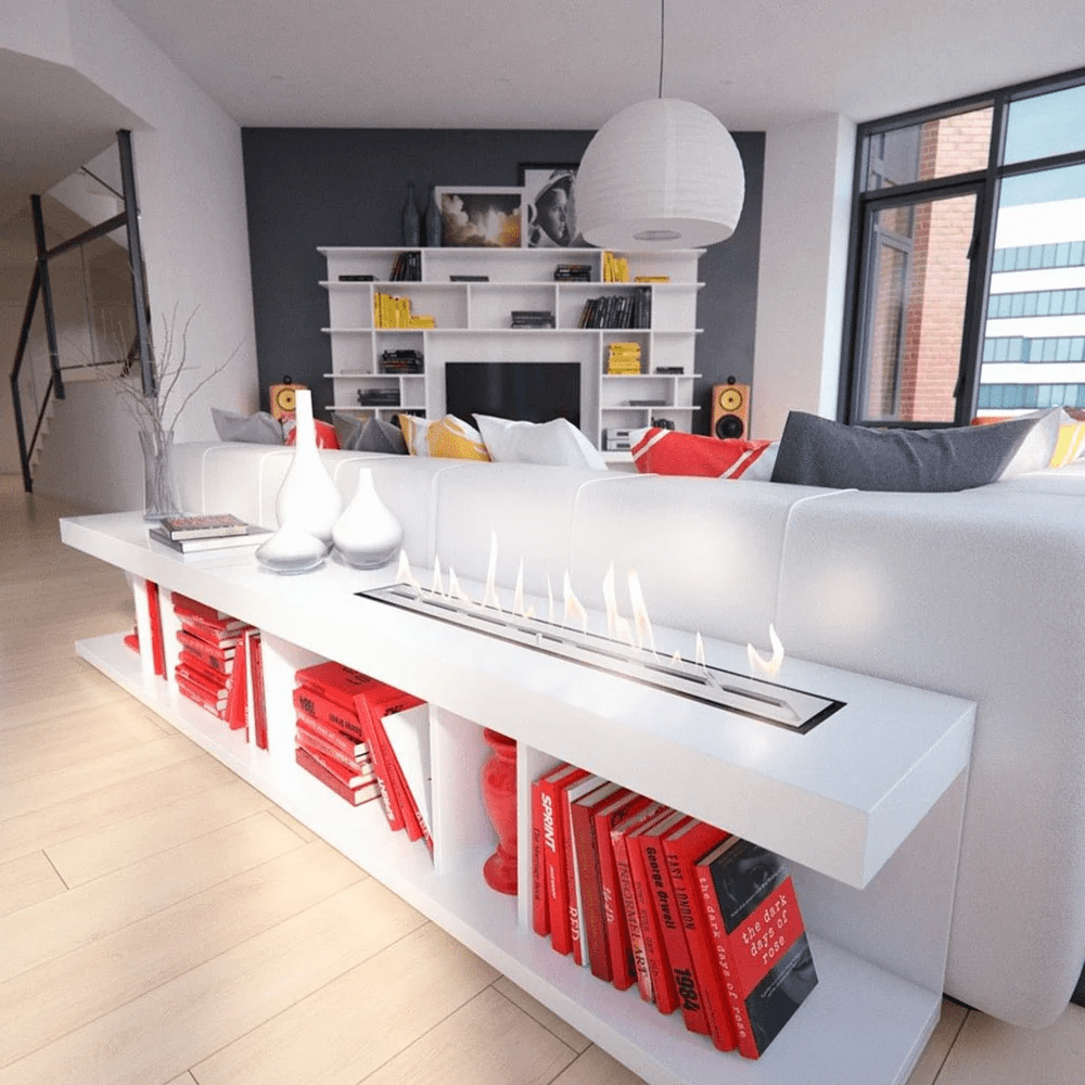 Stylish living room with bookshelves and Decoflame Net Zero Fireplace Inserts, the best gas fireplaces for autumn warmth